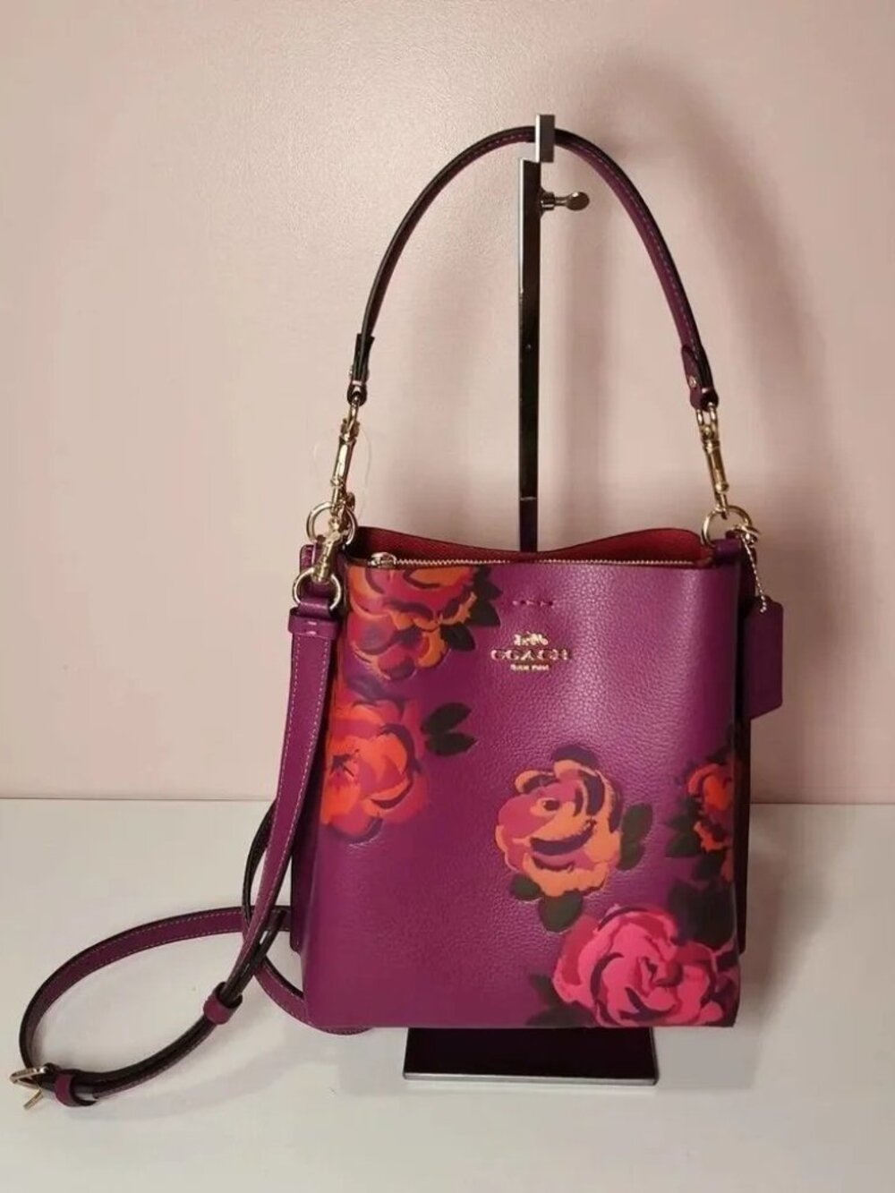 Coach Mollie Bucket Bag Jumbo Floral Print Dark Magenta Leather - Picture 2 of 8